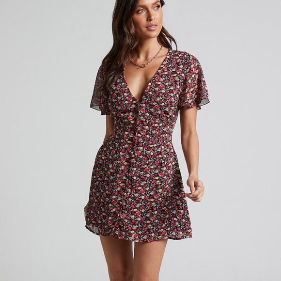 Mini Dress Floral Chiffon Flutter Sleeves V Neck Date Night Coquette US 8 Showpo - Picture 1 of 10